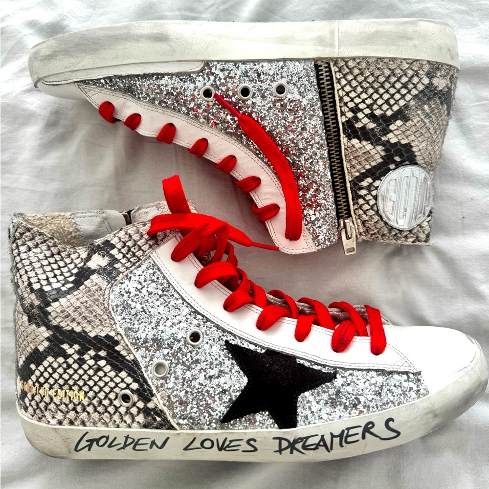 LTD Golden Goose Silver Glitter High-Top Sneakers with phyton/zebra heel tap.